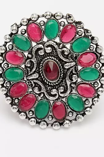 Women multicolor silver-plated circular shape adjustable finger ring
