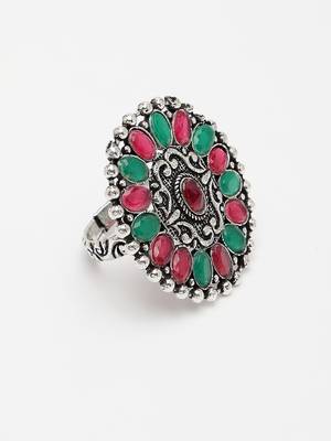Women multicolor silver-plated circular shape adjustable finger ring 3