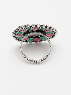 Women multicolor silver-plated circular shape adjustable finger ring 4
