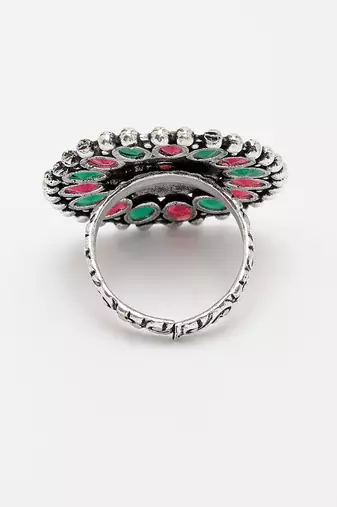 Women multicolor silver-plated circular shape adjustable finger ring