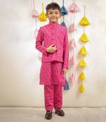 Pink block printed kurta set with jacket