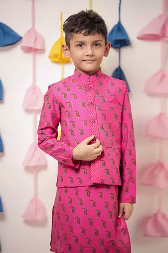 Pink block printed kurta set with jacket