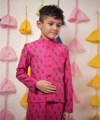 Pink block printed kurta set with jacket 3