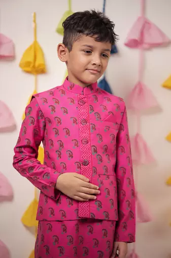 Pink block printed kurta set with jacket