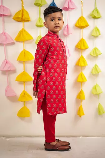 Red block printed kurta set.