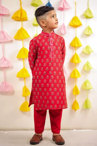 Red block printed kurta set.