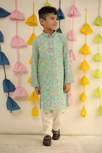 Blue block printed kurta set