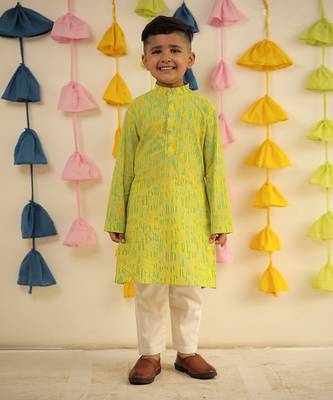 Lemon yellow block printed kurta set 1