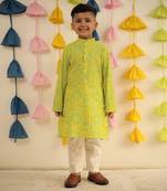 Lemon yellow block printed kurta set