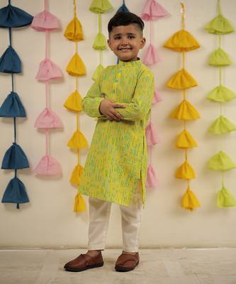 Lemon yellow block printed kurta set 2