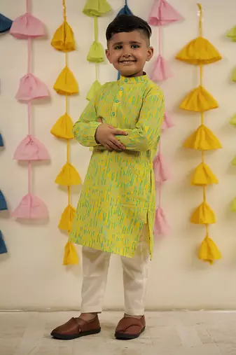 Lemon yellow block printed kurta set