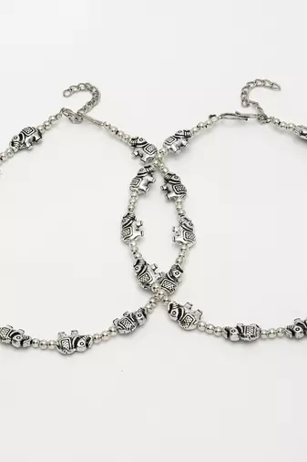 Women set of 2 silver-plated elephant design anklets