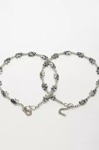 Women set of 2 silver-plated elephant design anklets