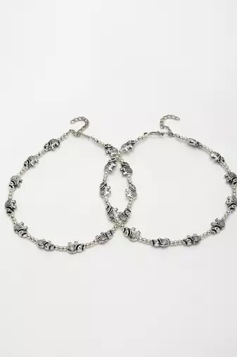 Women set of 2 silver-plated elephant design anklets