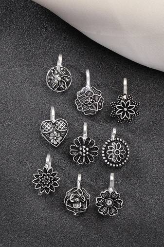 Women set of 9 silver-plated german silver nose pins