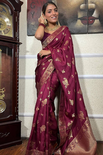 Wine Designer Weaving Jacquard Banarasi silk blend Traditional Saree