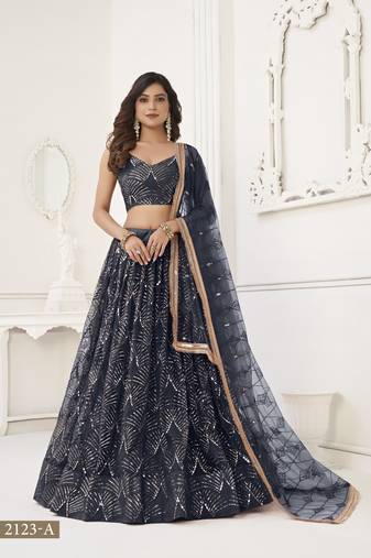 Glamorous Black Net With Sequins And Thread Embroidery Real Mirror Work Lehenga Choli For Wedding