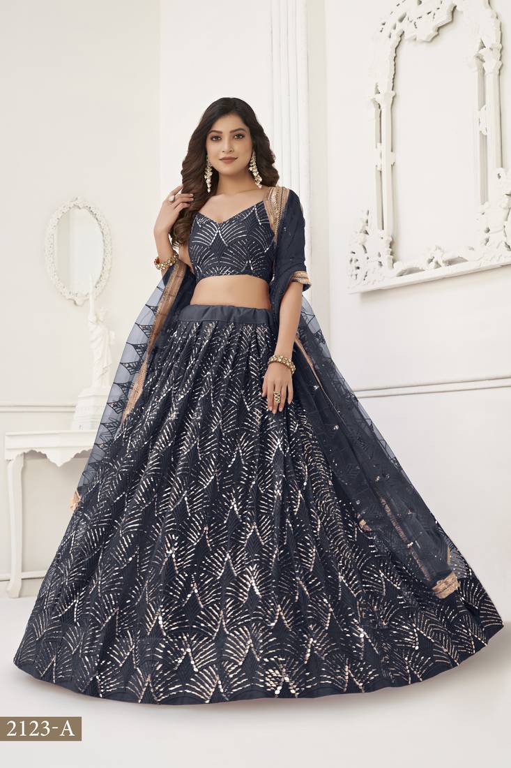 Glamorous Black Net With Sequins And Thread Embroidery Real Mirror Work Lehenga Choli For Wedding