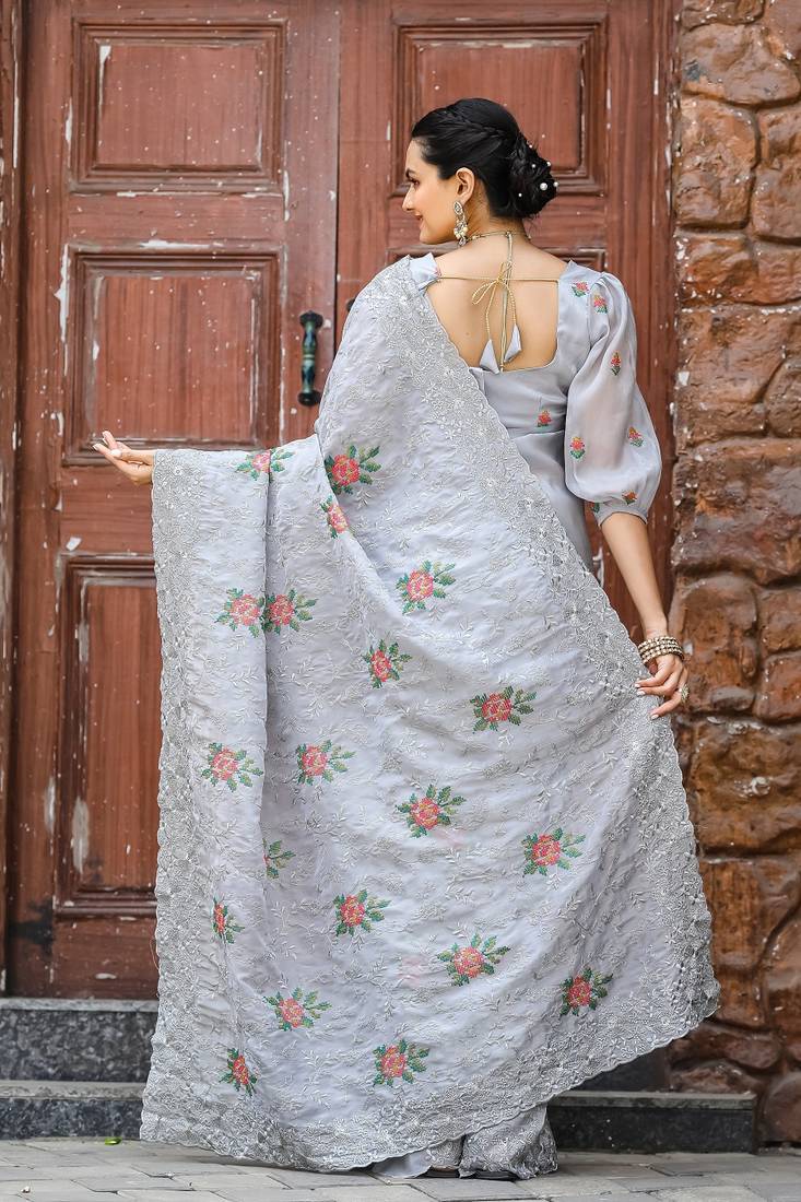 Grey Colour Chiffon Saree With Beautiful Cut Work And Embroidery Flower Work
