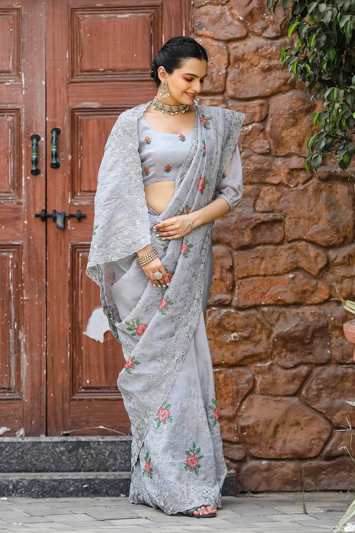 Grey Colour Chiffon Saree With Beautiful Cut Work And Embroidery Flower Work