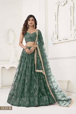 Glamorous Bottle Green Net With Sequins And Thread Embroidery Real Mirror Work Lehenga Choli For Wedding 1