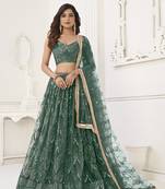 Glamorous Bottle Green Net With Sequins And Thread Embroidery Real Mirror Work Lehenga Choli For Wedding