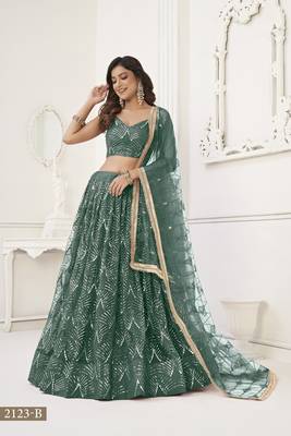 Glamorous Bottle Green Net With Sequins And Thread Embroidery Real Mirror Work Lehenga Choli For Wedding 2