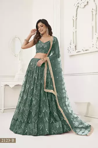 Glamorous Bottle Green Net With Sequins And Thread Embroidery Real Mirror Work Lehenga Choli For Wedding