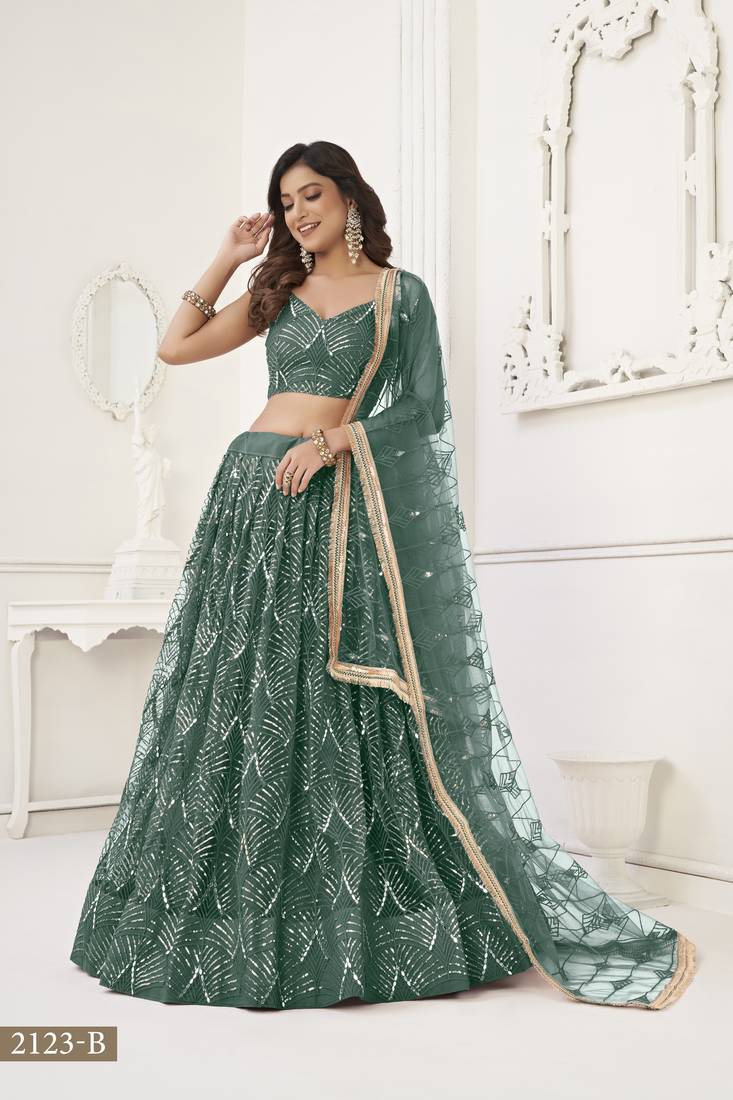 Glamorous Bottle Green Net With Sequins And Thread Embroidery Real Mirror Work Lehenga Choli For Wedding