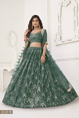 Glamorous Bottle Green Net With Sequins And Thread Embroidery Real Mirror Work Lehenga Choli For Wedding 3