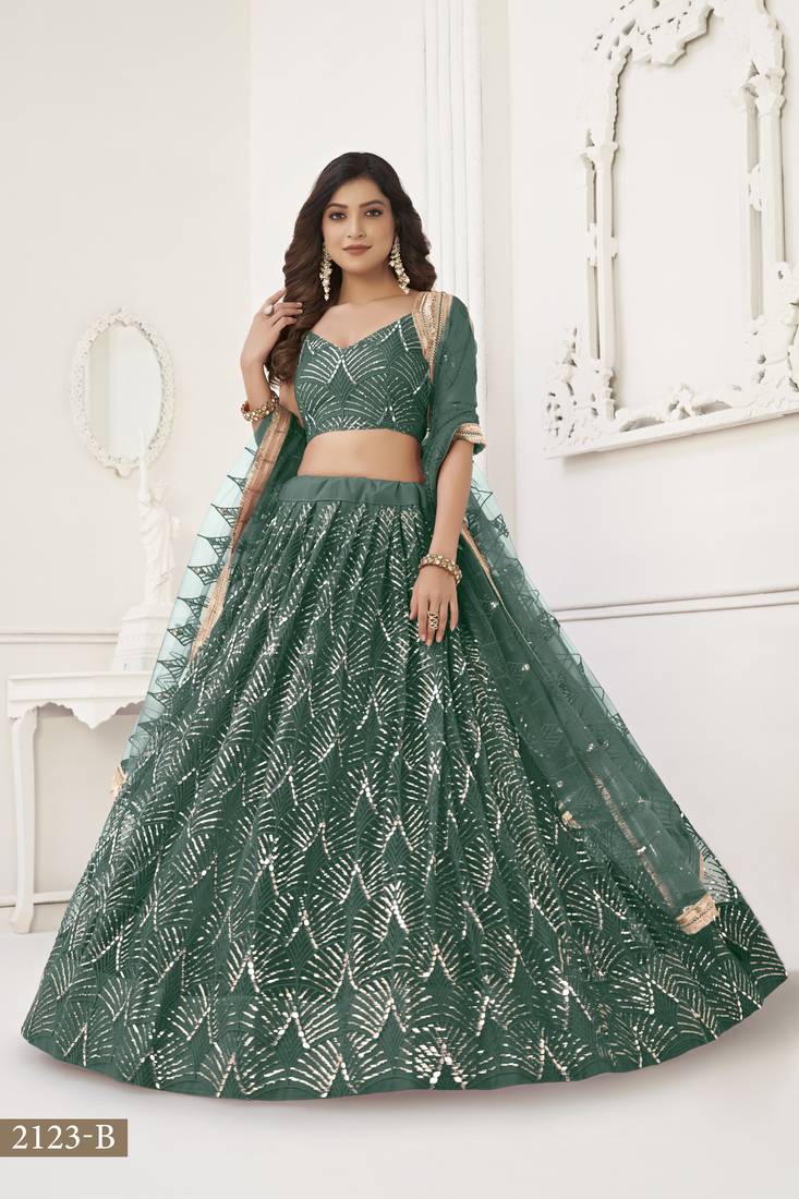 Glamorous Bottle Green Net With Sequins And Thread Embroidery Real Mirror Work Lehenga Choli For Wedding
