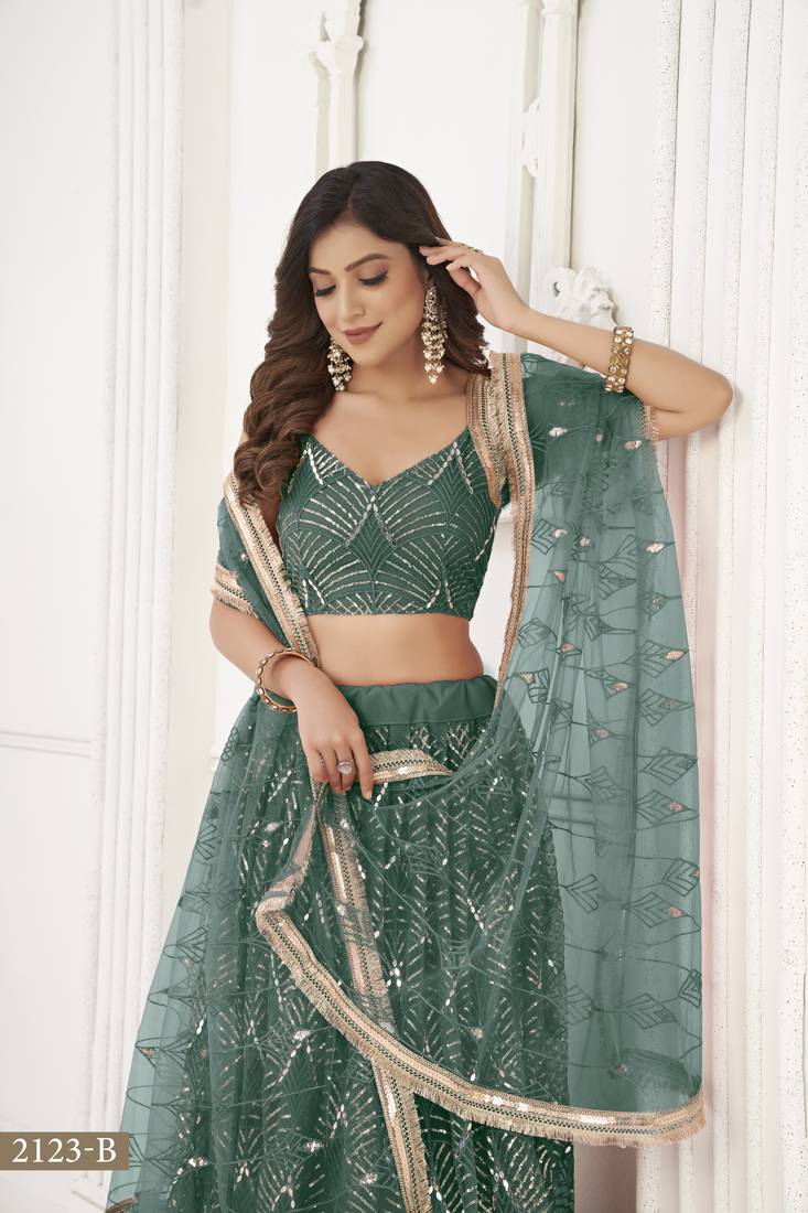 Glamorous Bottle Green Net With Sequins And Thread Embroidery Real Mirror Work Lehenga Choli For Wedding