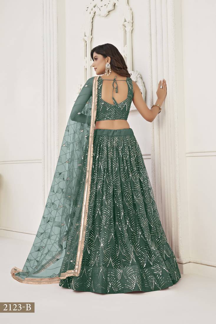 Glamorous Bottle Green Net With Sequins And Thread Embroidery Real Mirror Work Lehenga Choli For Wedding