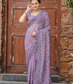 Lavender Colour Chiffon Saree With Beautiful Cut Work And Embroidery Flower Work