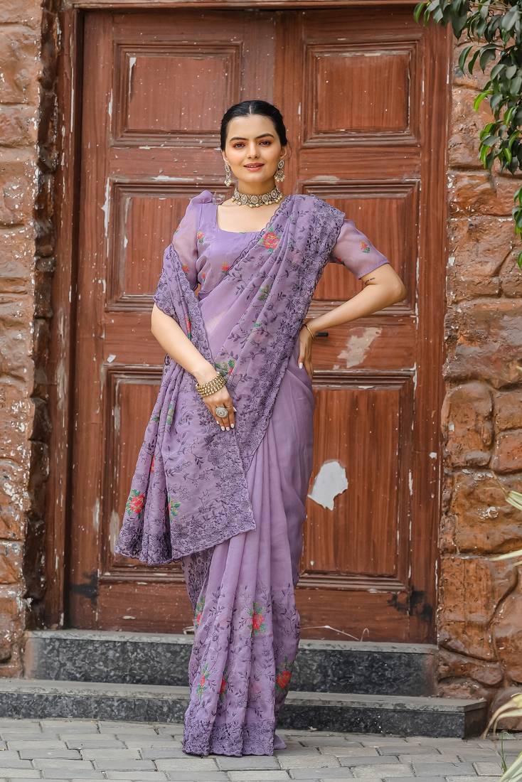 Lavender Colour Chiffon Saree With Beautiful Cut Work And Embroidery Flower Work