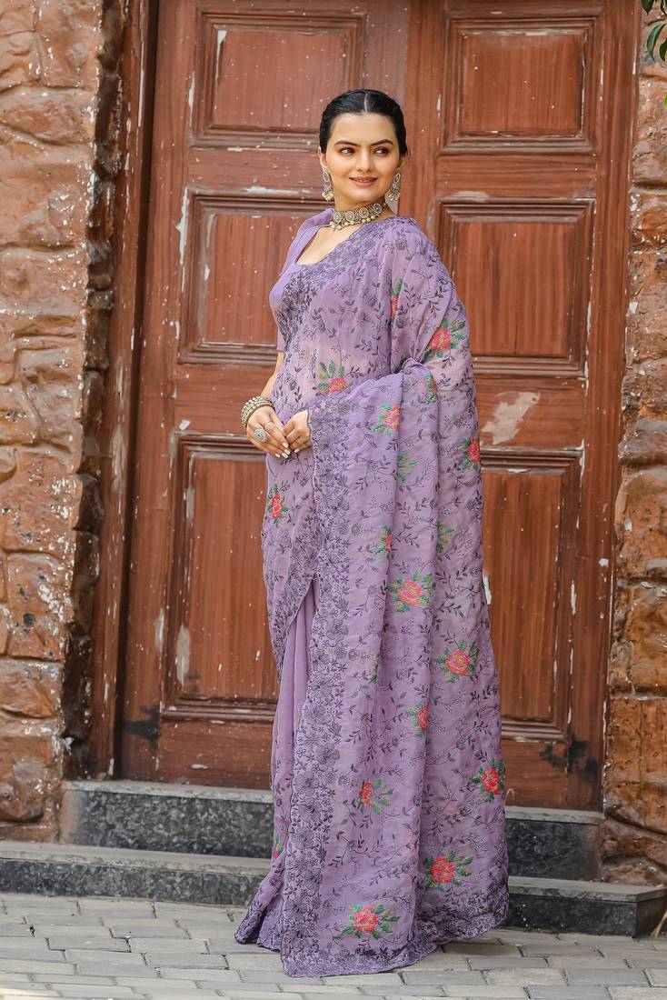 Lavender Colour Chiffon Saree With Beautiful Cut Work And Embroidery Flower Work