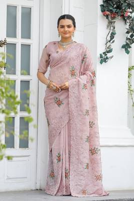 Peach Colour Chiffon Saree With Beautiful Cut Work And Embroidery Flower Work 1