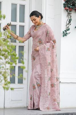 Peach Colour Chiffon Saree With Beautiful Cut Work And Embroidery Flower Work 3