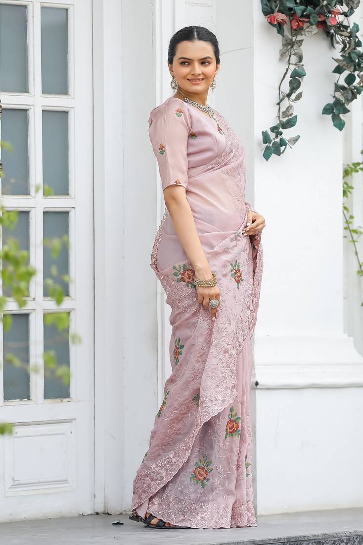 Peach Colour Chiffon Saree With Beautiful Cut Work And Embroidery Flower Work