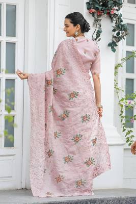 Peach Colour Chiffon Saree With Beautiful Cut Work And Embroidery Flower Work 5