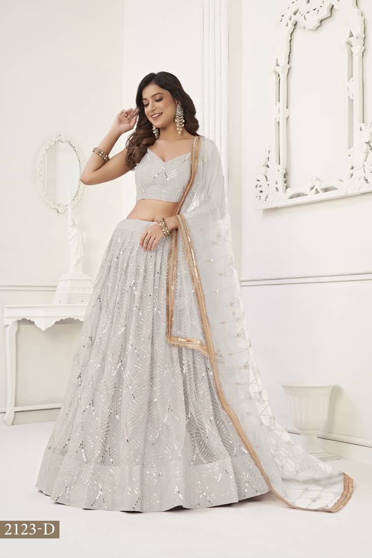 Glamorous Off White Net With Sequins And Thread Embroidery Real Mirror Work Lehenga Choli For Wedding