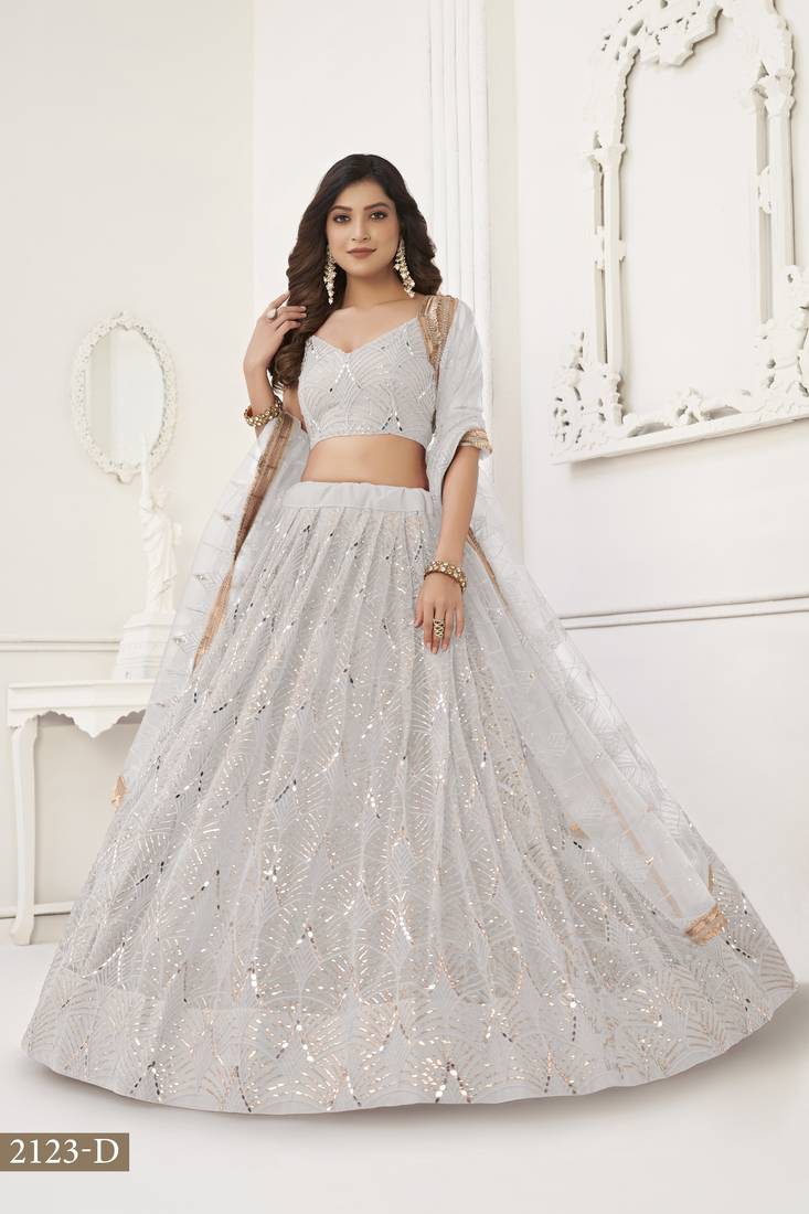 Glamorous Off White Net With Sequins And Thread Embroidery Real Mirror Work Lehenga Choli For Wedding