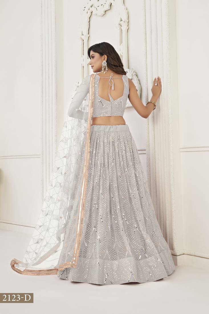Glamorous Off White Net With Sequins And Thread Embroidery Real Mirror Work Lehenga Choli For Wedding