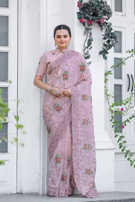 Pink  Colour Chiffon Saree With Beautiful Cut Work And Embroidery Flower Work 1