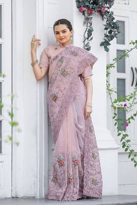 Pink  Colour Chiffon Saree With Beautiful Cut Work And Embroidery Flower Work 3