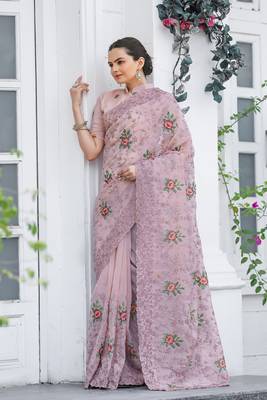 Pink  Colour Chiffon Saree With Beautiful Cut Work And Embroidery Flower Work 4