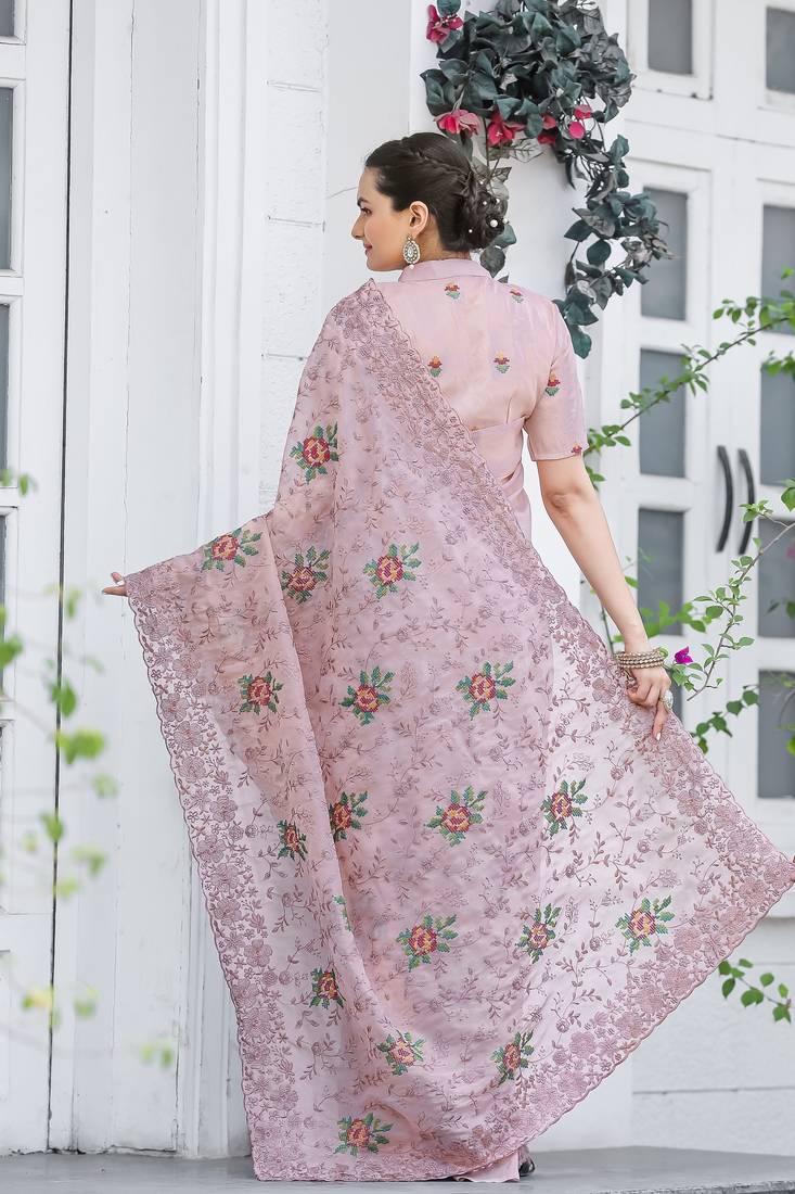 Pink  Colour Chiffon Saree With Beautiful Cut Work And Embroidery Flower Work