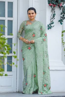 Pista Colour Chiffon Saree With Beautiful Cut Work And Embroidery Flower Work 1