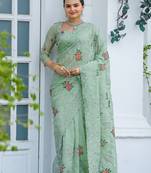 Pista Colour Chiffon Saree With Beautiful Cut Work And Embroidery Flower Work