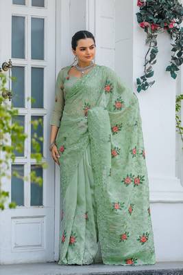 Pista Colour Chiffon Saree With Beautiful Cut Work And Embroidery Flower Work 3